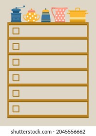 Template for check list decorated with kitchen shelves. A jug, coffee grinder, sugar bowl and saucepan are on the shelf. Vector illustration, flat style