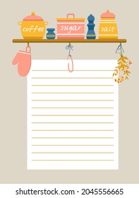 Template for checklist decorated with kitchen elements: sugar bowl, dried herbs, potholder, salt shaker and jar of coffee. Paper for note hang on a thread. Vector illustration, flat style