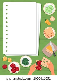 Template for checklist, to-do list or cooking recipe. A sheets of notebook, bread, cheese, plate with cutting tomatoes. Hands are preparing a sandwich. Top view. Vector Illustration, flat style