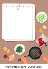 Plantilla para lista de comprobación, lista de tareas pendientes o receta de cocina. Sábanas de cuaderno, pimienta, limón, tabla con tomates cortados. Cocina a mano en una sartén. Vista superior. Ilustración vectorial, estilo plano