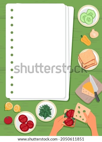 Template for checklist, to-do list or cooking recipe. A sheets of notebook, bread, cheese, plate with cutting tomatoes. Hands are preparing a sandwich. Top view. Vector Illustration, flat style
