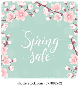 Template with cherry blossom, spring flowers. Spring sale lettering. Retro vector illustration. Bokeh background. Invitation, banner, card, poster, flyer