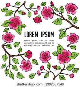 Template with cherry blossoms and text frame. Hand drawn style. Design element for leaflets, greeting cards or posters.