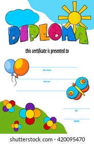 template child  certificate to be awarded. kindergarten Preschool kids Diploma design template. vector  for competition, art contest or sports winner.