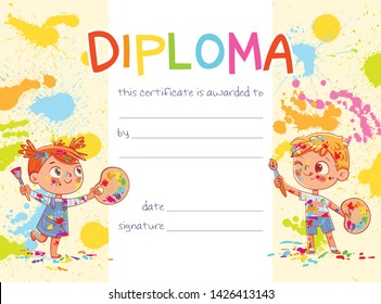 Template of Children Award Diploma. Kids artists paint an abstract picture together