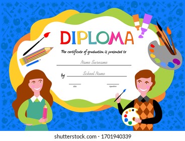 Template of Children Award Diploma. Kids artists paint an abstract picture together. Pattern children's certificate for delivery on a creative contest in kindergarten or school. Vector illustration
