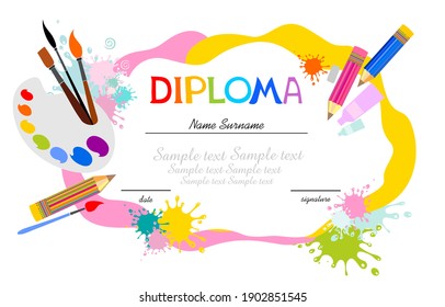 Template Of Children Award Diploma. Pattern Children's Certificate For Delivery On A Creative Contest In Kindergarten Or School.  Art Supplies: Paint Tubes, Brushes, Palette. Vector Illustration