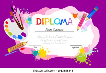 Template Of Children Award Diploma. Pattern Children's Certificate For Delivery On A Creative Contest In Kindergarten Or School.  Art Supplies: Paint Tubes, Brushes, Palette. Vector Illustration