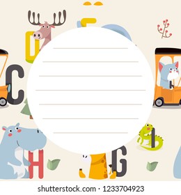 Template children notebook sheet with cute animals. cute animal illustrations and trendy lettering.