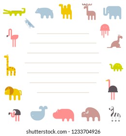 Template children notebook sheet with cute animals. cute animal illustrations and trendy lettering.