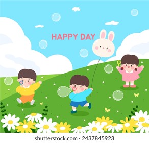 A template of children playing with soap bubbles