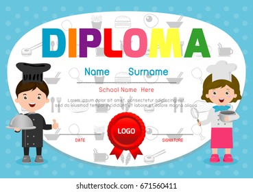 Template of children's diplomas and certificates, Little chef diploma design, Kids Cooking class certificate design template