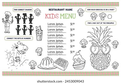 Template children's menu for restaurants and cafes. Placemat with interesting tasks for children. 17x11 inch printable vector file