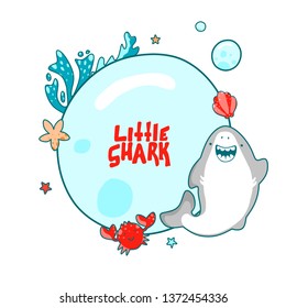 Template of childrens round frame, cute sea illustrations, cartoon shark and funny characters.