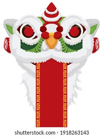 Template with Chinese lion head costume with green color, horn and fur in Southern style, holding a red label on its mouth.