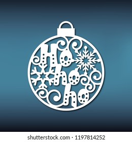 Template christmas ball for laser cutting. Pattern of a Christmas tree toy with an inscription Ho ho ho. You can use it to make a garland, an ornament for an interior or a window.