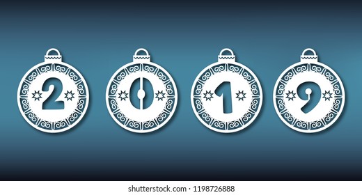 Template christmas ball for laser cutting. Pattern of a Christmas tree toy with 2019. You can use it to make a garland, an ornament for an interior or a window.