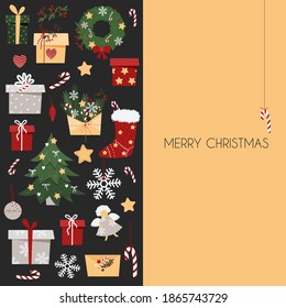 Template for Christmas card or banner. New Year postcard with festive elements. Christmas tree, gifts, snowflake and wreath on a gray background. Vector stock illustration.
