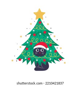 Template for christmas card, banner or poster with christmas tree and cute black cat hiding in it