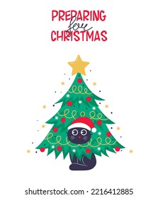 Template for christmas card, banner or poster with christmas tree and cute black cat hiding in it with inscription preparing for christmas