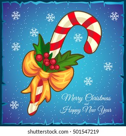Template Christmas card. Candy cane on a blue background. Vector illustration.
