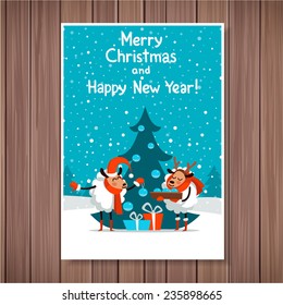 Template Christmas card in a cartoon style. Symbol 2015 sheep. Cartoon couple of sheep dresses up Christmas tree.