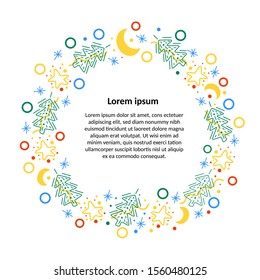 Template for Christmas card with colorful elements of snowflakes and chrismas tree balls. Cute background for text in flat style. Design idea for winter holiday poster.