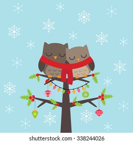 Template of Christmas card with couple of owls