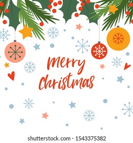 Template Christmas card. Green and red decorations elements. New year background with holly, balls, branches tree and snowflakes. Cartoon flat character. Vector hand drawn background.