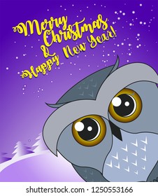 Template of Christmas card with owl. Vector illustration