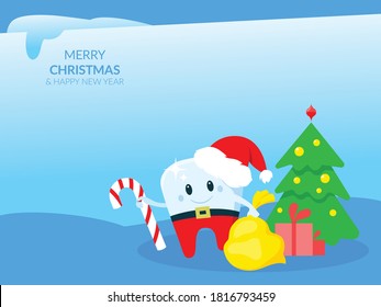 Template of a Christmas card with a tooth in a new year's hat. Editable vector illustration in bright vibrant colors.