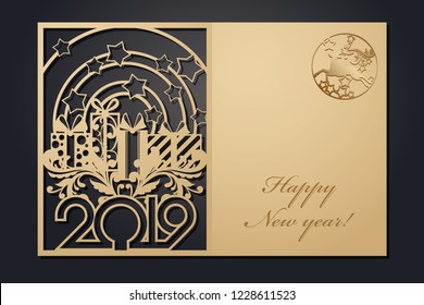 Template Christmas cards for laser cutting. Through silhouette New Year's picture. vector illustration.