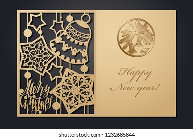Template Christmas cards for laser cutting. Through silhouette New Year's picture. vector illustration.