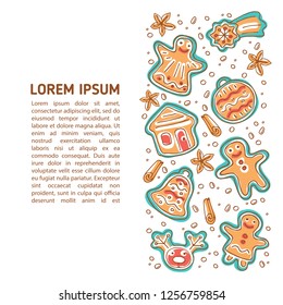 Template with Christmas cute gingerbread cookies isolated on white background. Doodle style. Design elements for greeting cards, leaflets, posters, banners and home decorations. Holiday symbols.