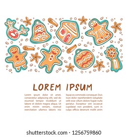 Template with Christmas cute gingerbread cookies isolated on white background. Doodle style. Design elements for greeting cards, leaflets, posters, banners and home decorations. Holiday symbols.