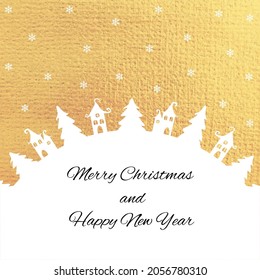 Template for christmas design. Merry christmas landscape. Vector illustration. Greeting card. Happy new Year Holidays. Golden blackground. White contour of houses and trees.