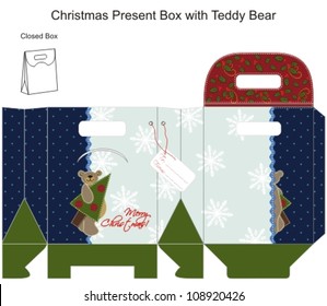 Plantilla Caja de Regalos de Navidad con Oso de Teddy. Estilo de mosaico. Ilustración vectorial.