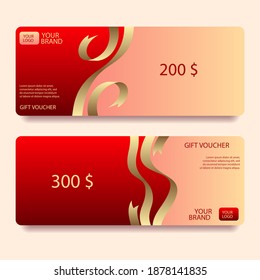 Template Christmas Gift Voucher Coupon Discount, Red and Golden Color. Vector illustration.