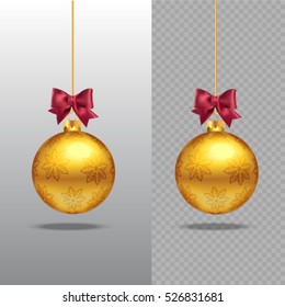 Template of  Christmas gold ball. Stocking element christmas decorations. Transparent vector object for design, mock-up. Shiny toy with golden glow. Isolated object. Vector illustration.