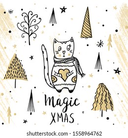 Template Christmas greeting card with a cat and tree. Christmas winter vector illustration for the design of cards, packaging, poster, clothing