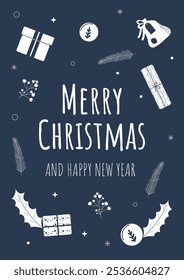 Template for a Christmas greeting card. Doodle winter decor on a blue background. Vector poster design.