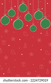 Template of Christmas greeting card with hanging baubles. Vector illustration