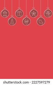 Template of Christmas greeting card with hanging baubles. Vector illustration