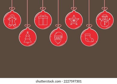 Template of Christmas greeting card with hanging baubles. Vector illustration