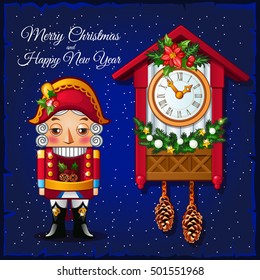 Template Christmas greeting card with Nutcracker and vintage cuckoo clocks on a blue background. Vector illustration.