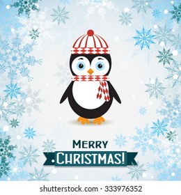 Template Christmas greeting card with a penguin, vector illustration