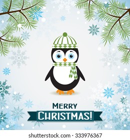 Template Christmas greeting card with a penguin, vector illustration