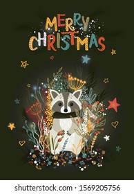 Template Christmas greeting card with a raccoon. Christmas winter vector illustration for the design of cards, packaging, poster, clothing