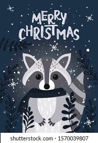 Template Christmas greeting card with a raccoon. Christmas winter vector illustration for the design of cards, packaging, poster, clothing