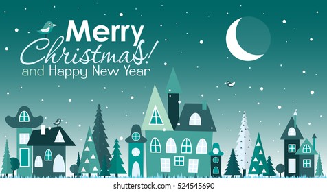 Plantilla tarjeta de felicitación navideña con un árbol de Navidad y una casa, ilustración vectorial
